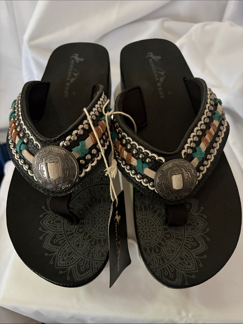Montana West Black Sandal with Turquoise and Brown Braided Accents